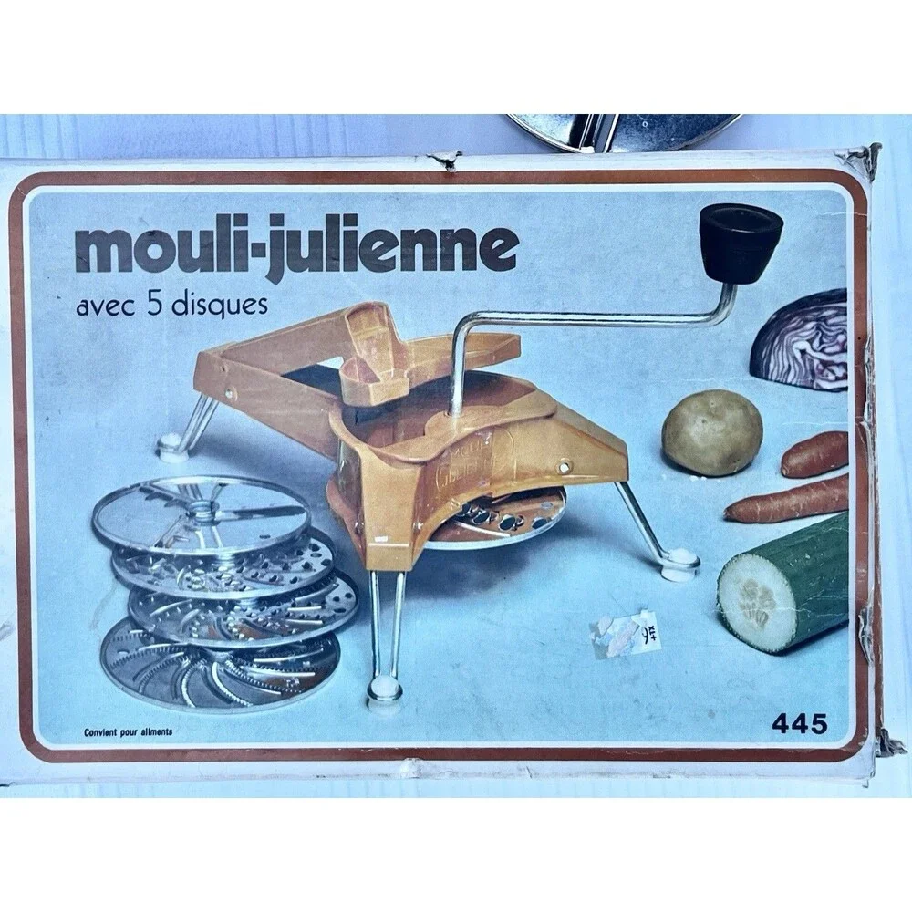 Vintage Mouli Julienne 445 Rotary Grater Slicer 5 Discs Box Made France Complete